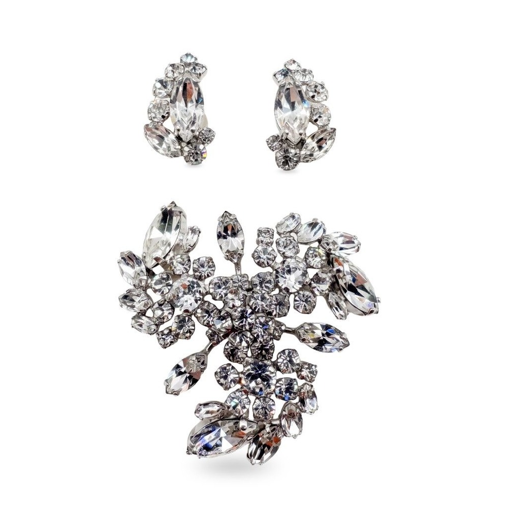 Vintage Sherman Signed Clear Crystal Crescent Brooch & Earrings Set Canada 1950s